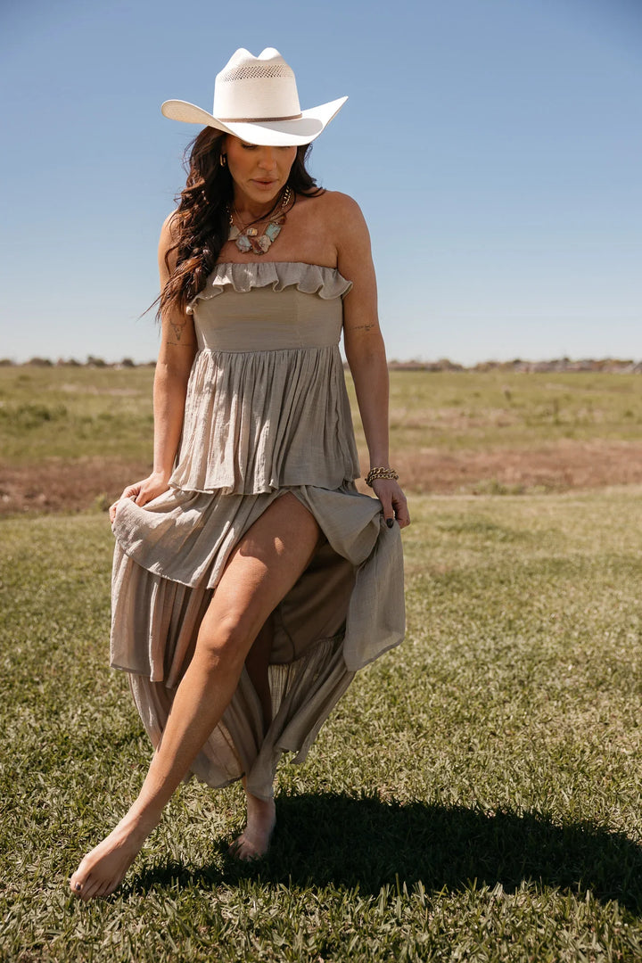 Taupe Strapless Tiered Maxi Dress