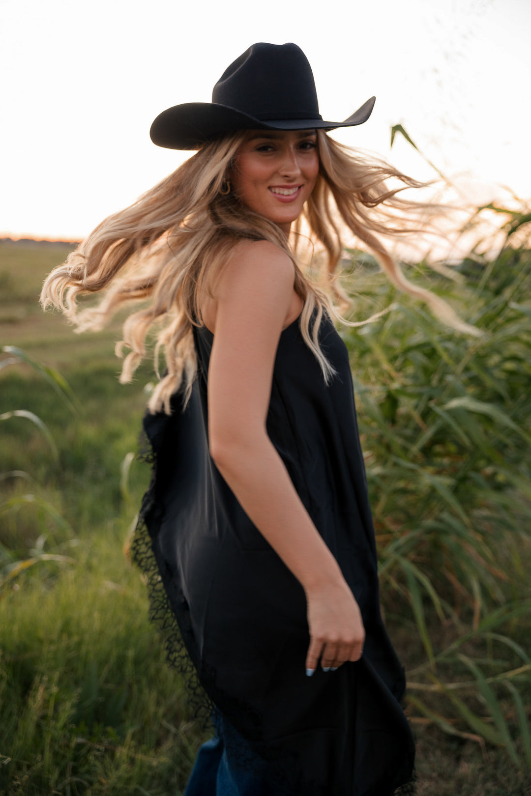Black Satin Lace Asymmetrical Top