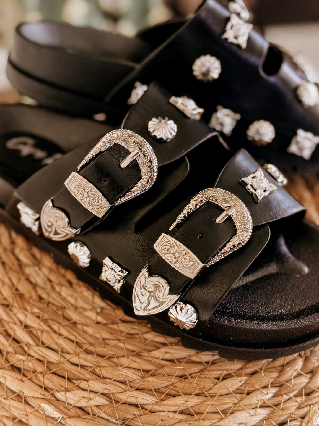 Black Western Buckle Sandals
