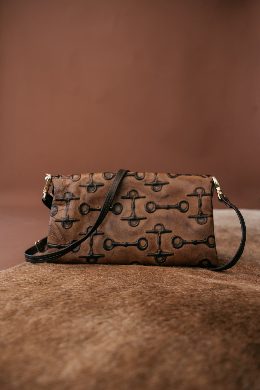 Double J Saddlery brown leather handbag with horse-bit embossing