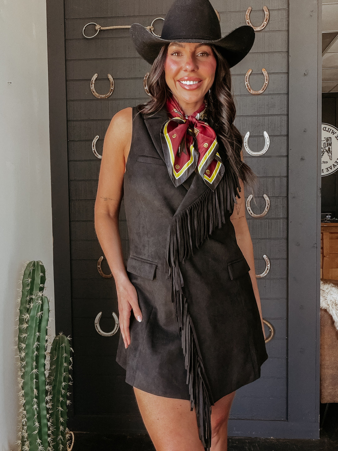 Double Fringe Suede Dress - Black