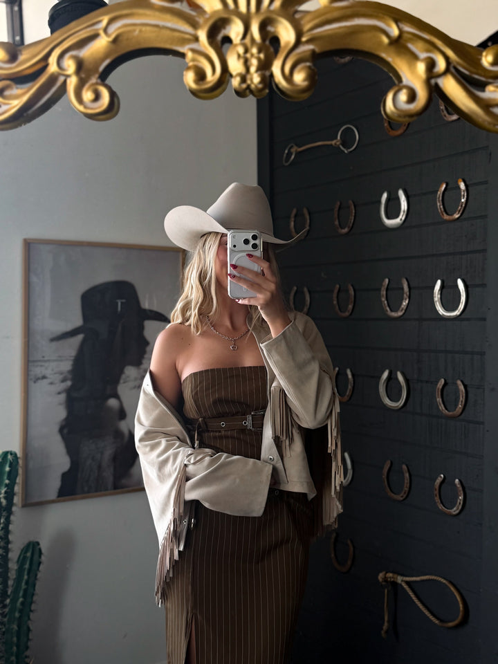 The Outlaw Pinstripe Buckle Maxi Dress PRE ORDER 8/30