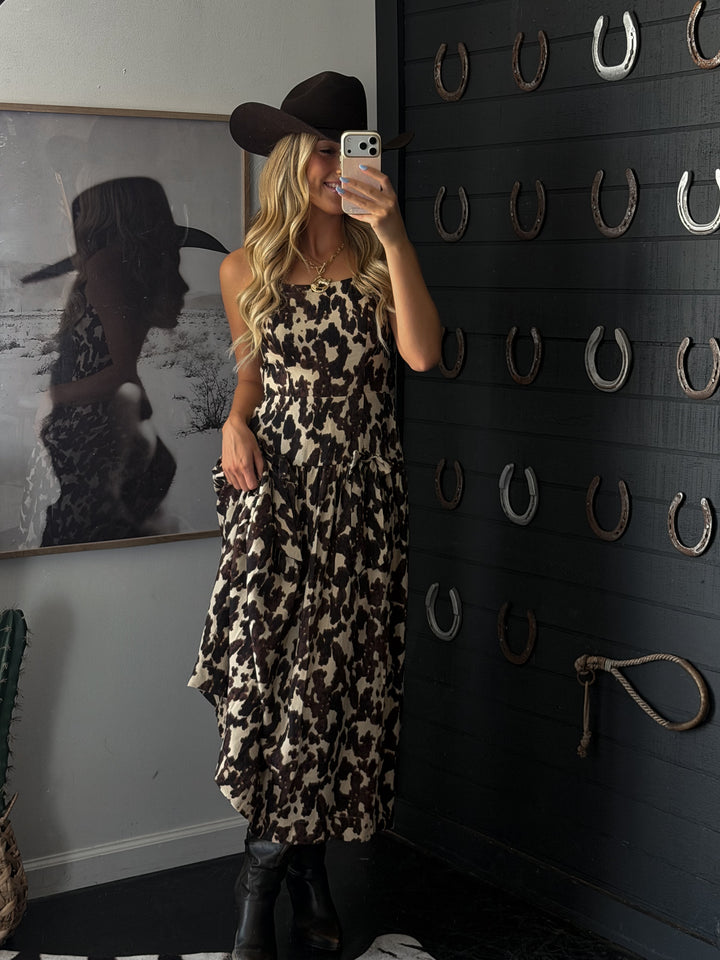 Cow Print Drop Waist Midi Dress PRE ORDER 8/31