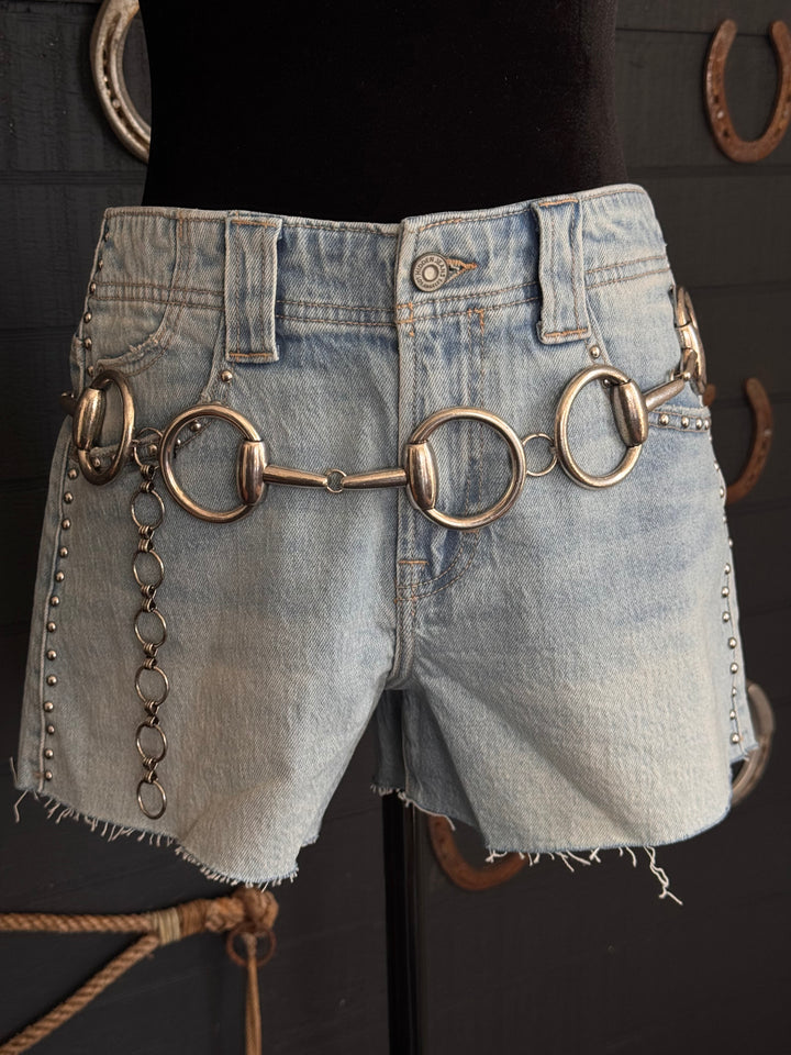 Light Wash Studded High Rise A-Line Shorts