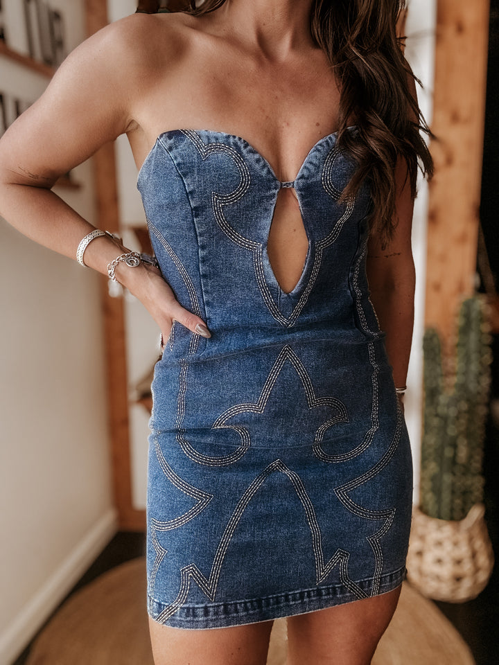 Dark Wash Western Boot Stitch Denim Mini Dress