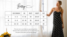 Woman in a polka dot dress standing next to a size chart with measurements.