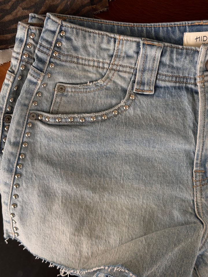 Light Wash Studded High Rise A-Line Shorts