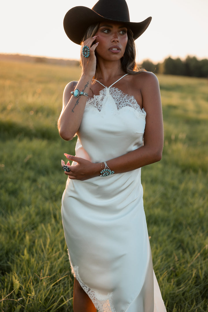 Ivory Lace Trim Satin Asymmetrical Midi Dress PRE ORDER 8/15