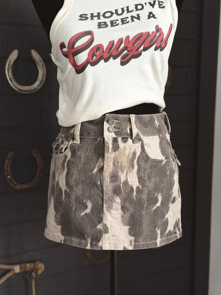 Cow Print Denim Mini Skirt