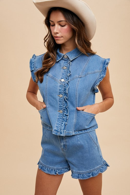 Denim Ruffle Vest & Shorts Set
