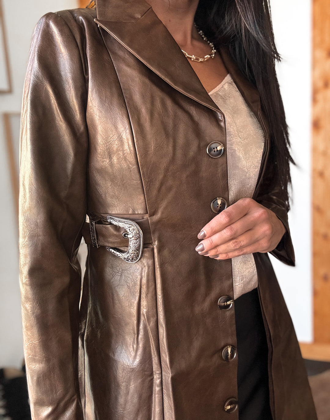 Western Buckle Faux Leather Blazer | Brown