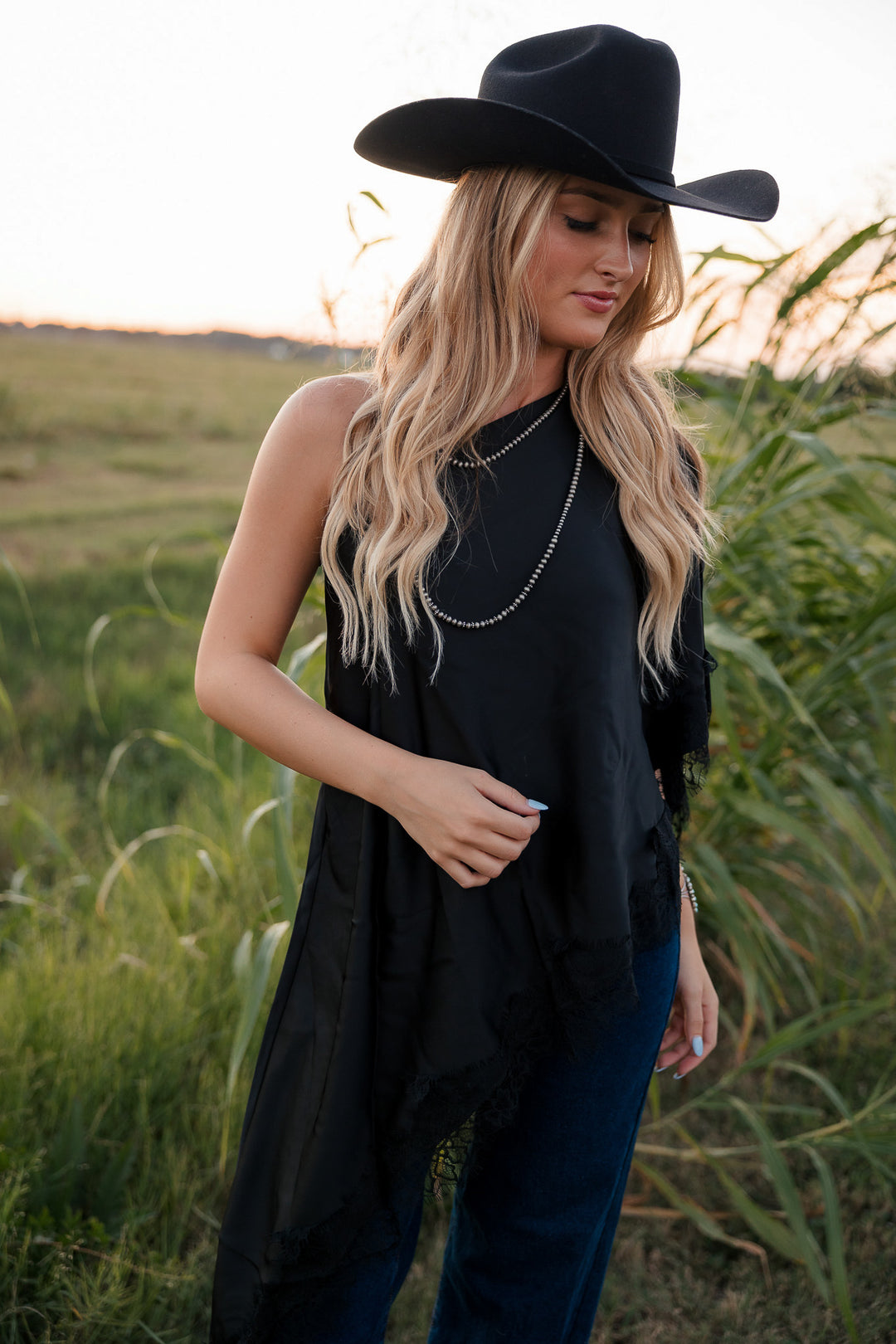 Black Satin Lace Asymmetrical Top