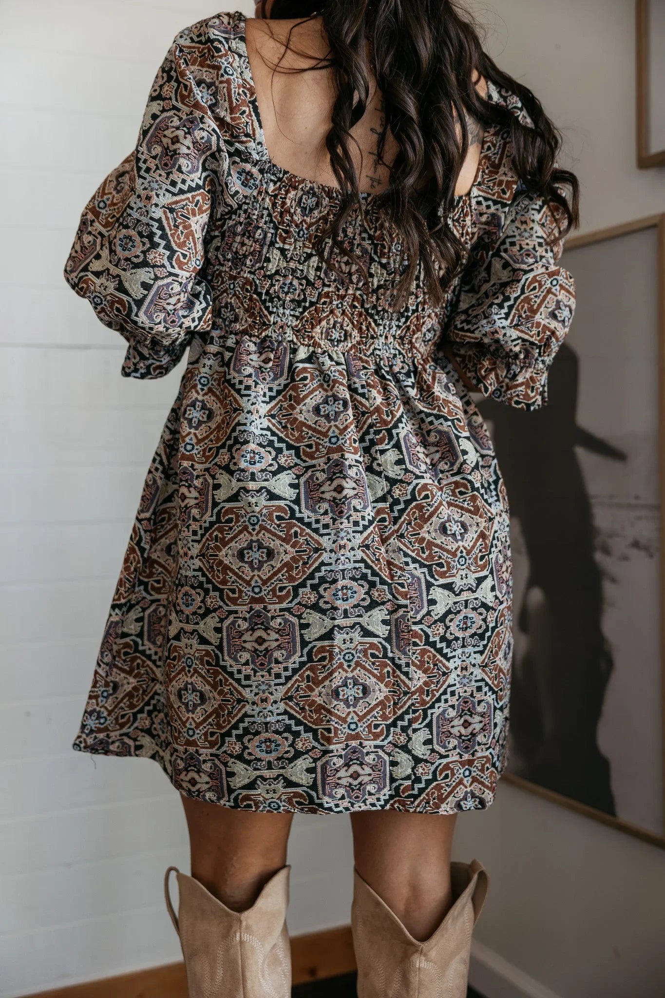 Jacquard Tapestry Babydoll Mini Dress | The Wild J Jacquard Tapestry Babydoll Mini Dress | The Wild J