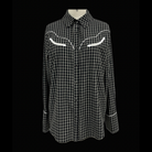 Black and white plaid western shirt with snap buttons and white piping detail