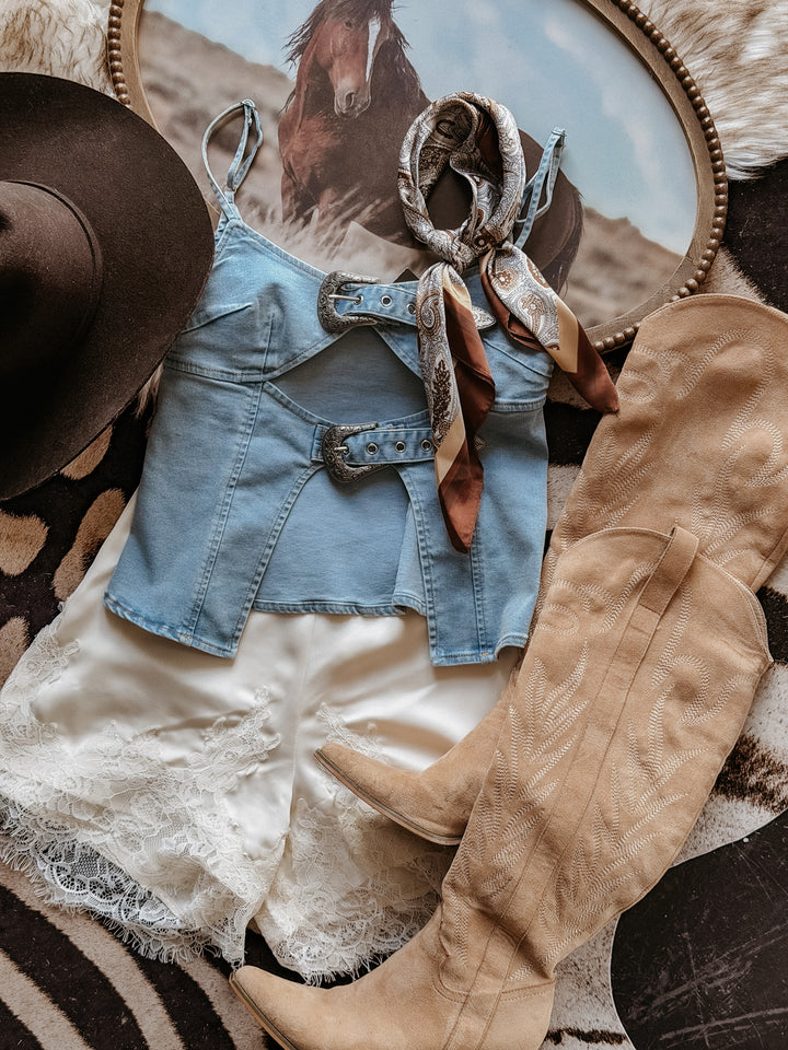 Western Double Buckle Denim Top