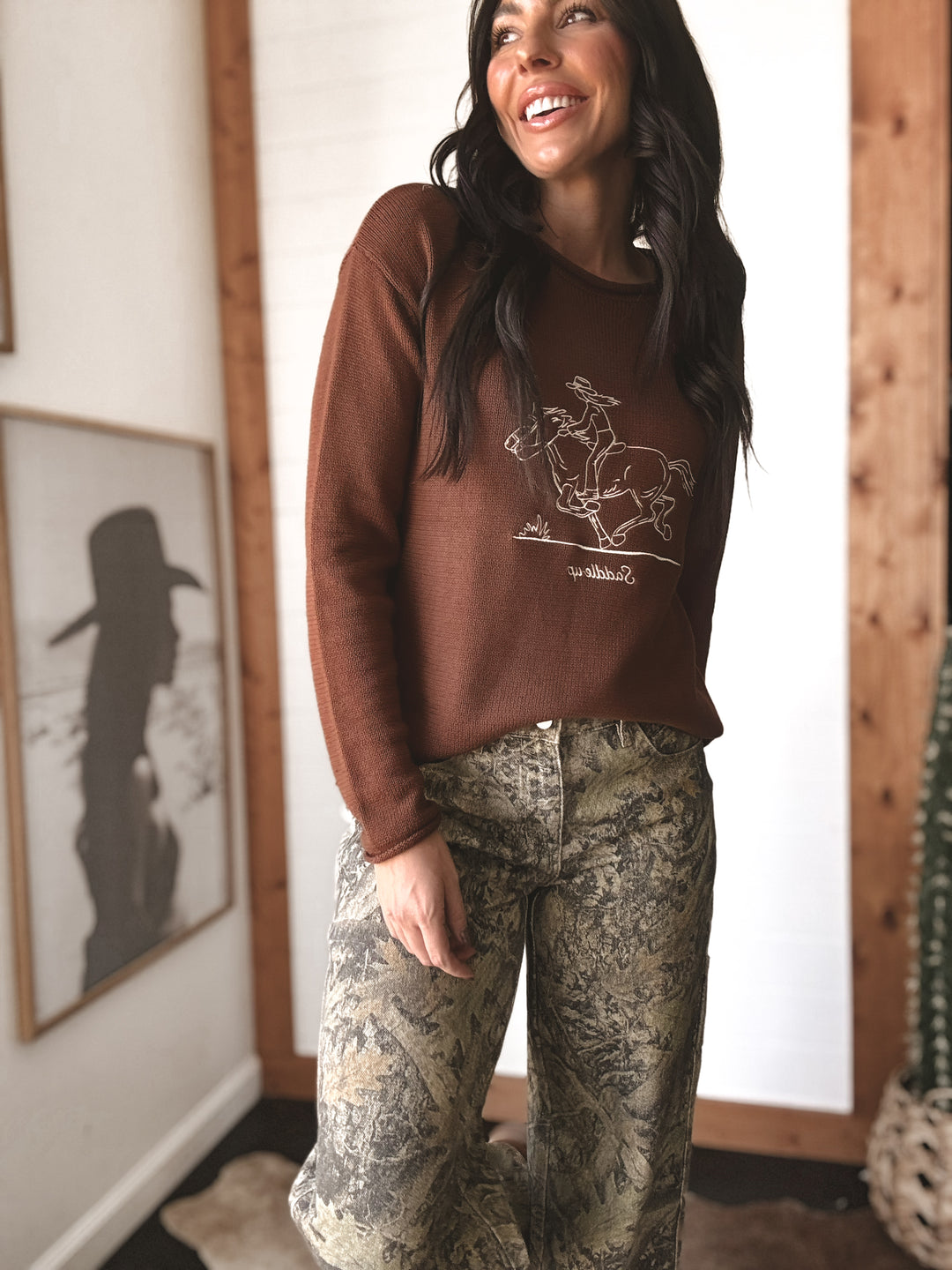Embroidered Saddle Up Sweater - Brown