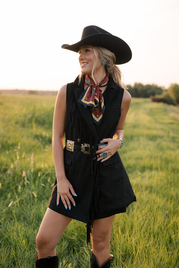 Double Fringe Suede Dress - Black
