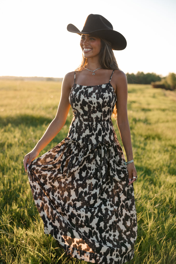 Cow Print Drop Waist Midi Dress PRE ORDER 8/31