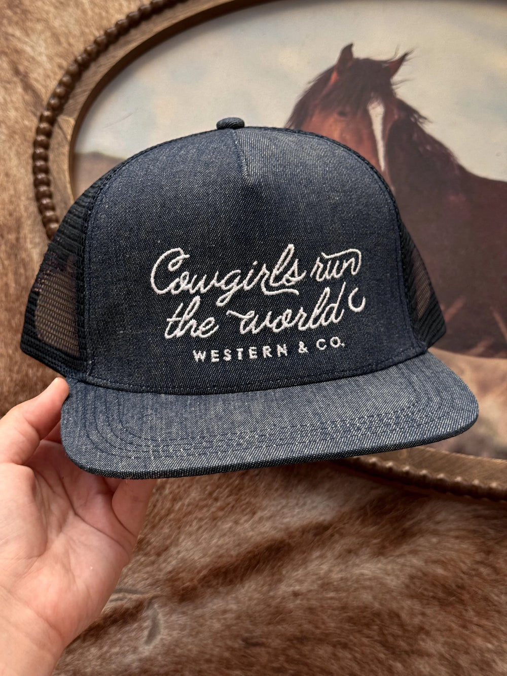 Denim trucker hat with 'Cowgirls run the world' embroidery, western cowgirl style