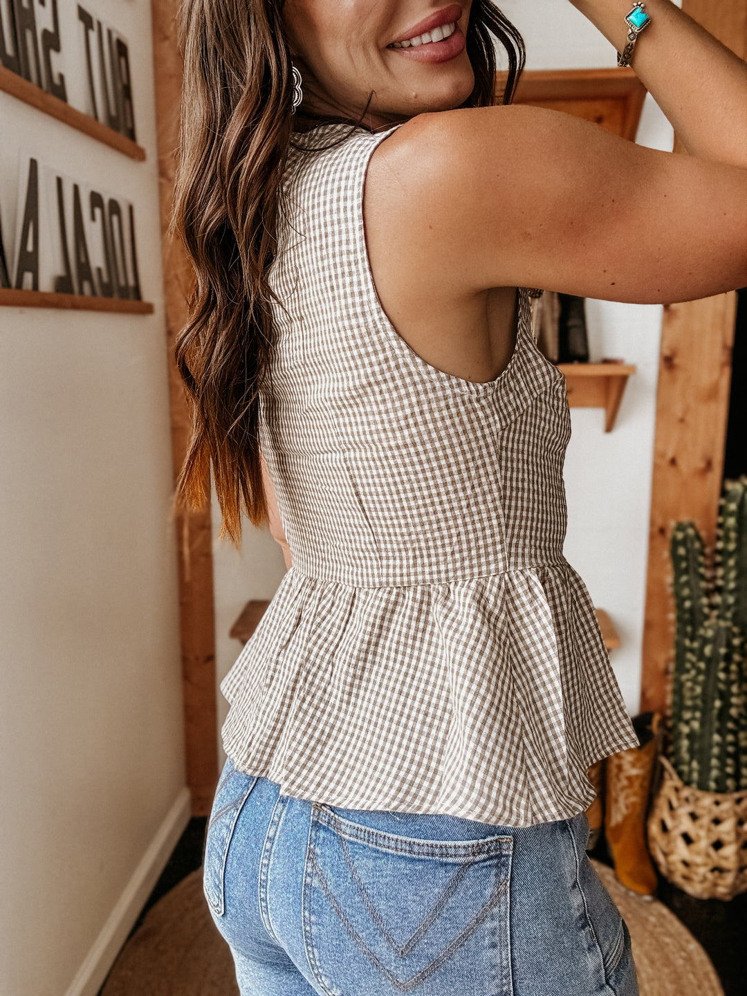 Gingham Tie-Front Peplum Top