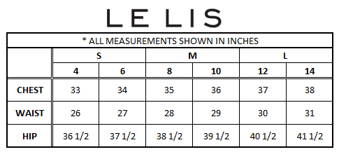 Measurement chart for clothing sizes S, M, and L with chest, waist, and hip measurements in inches.