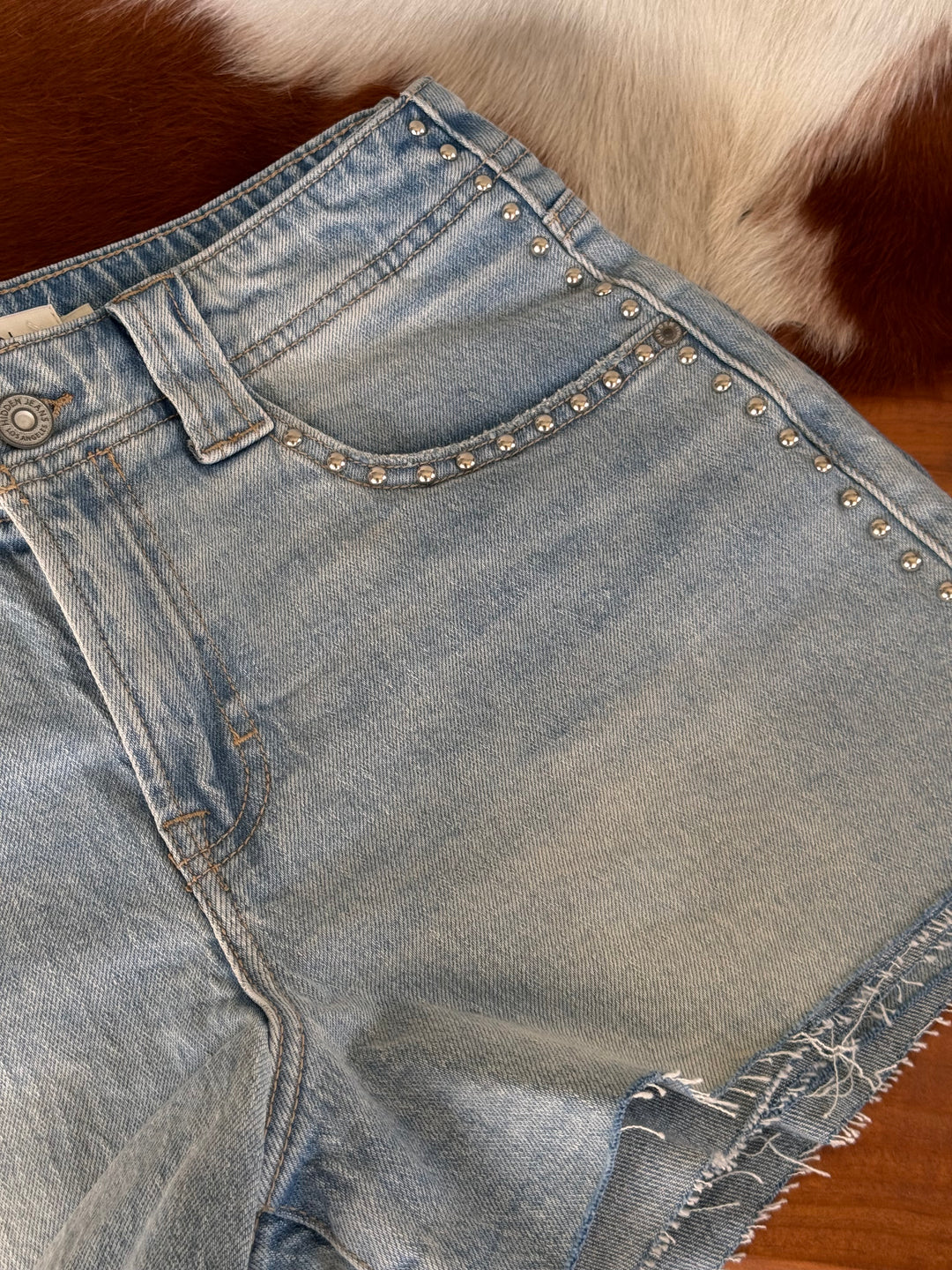 Light Wash Studded High Rise A-Line Shorts