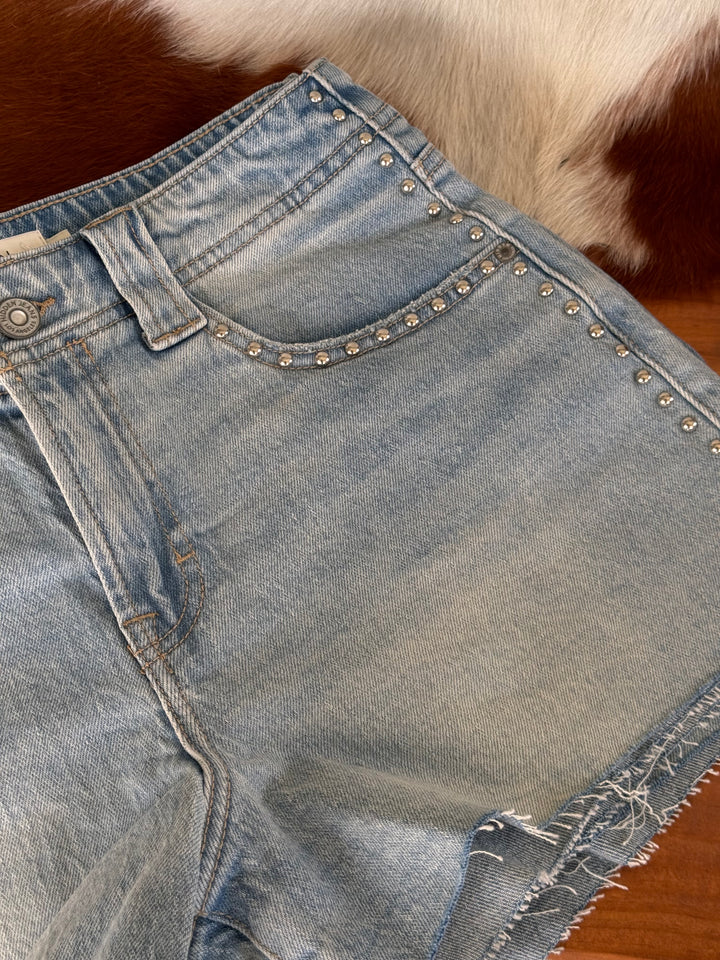Light Wash Studded High Rise A-Line Shorts