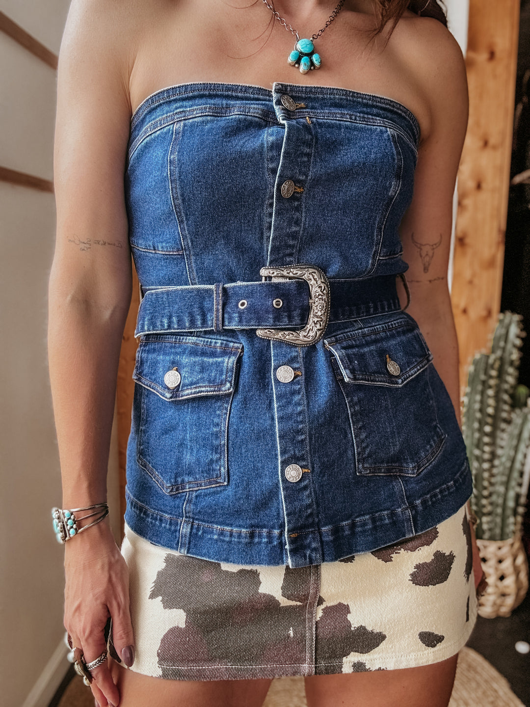 Western Buckle Strapless Denim Bustier Top