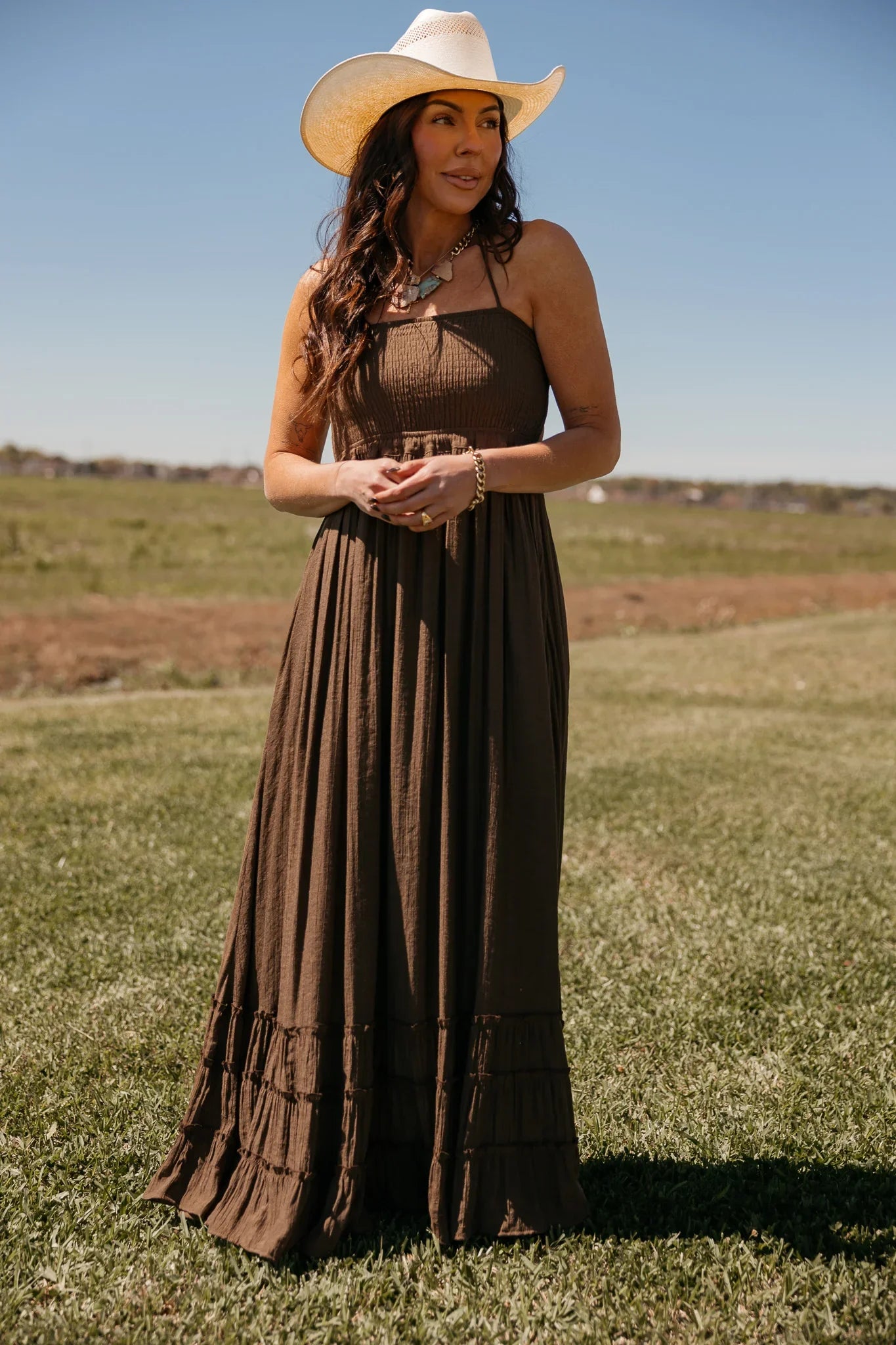 Saddle Brown Smocked Halter Maxi Dress M Saddle Brown Smocked Halter Maxi Dress M