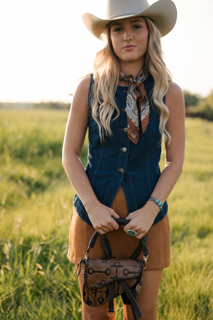 Dark Wash Split Hem Button Front Denim Vest