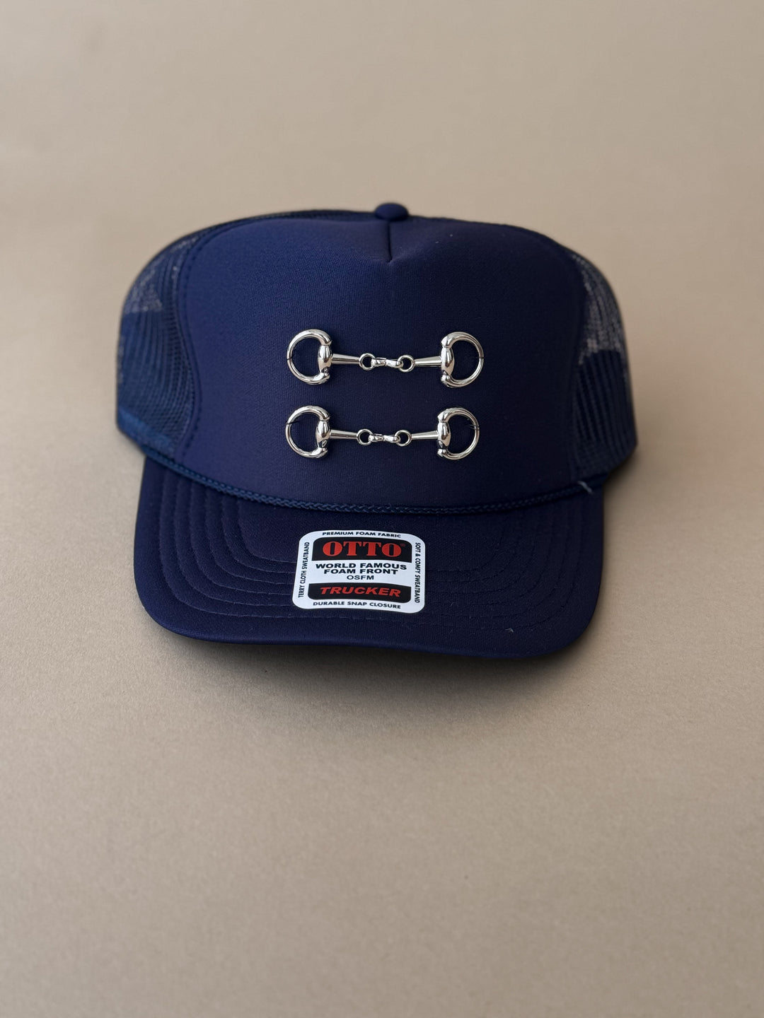 Navy Double Snaffle Bit Trucker Hat - Silver