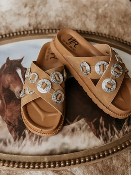 Tan sandals with silver buckles on a horse-themed surface