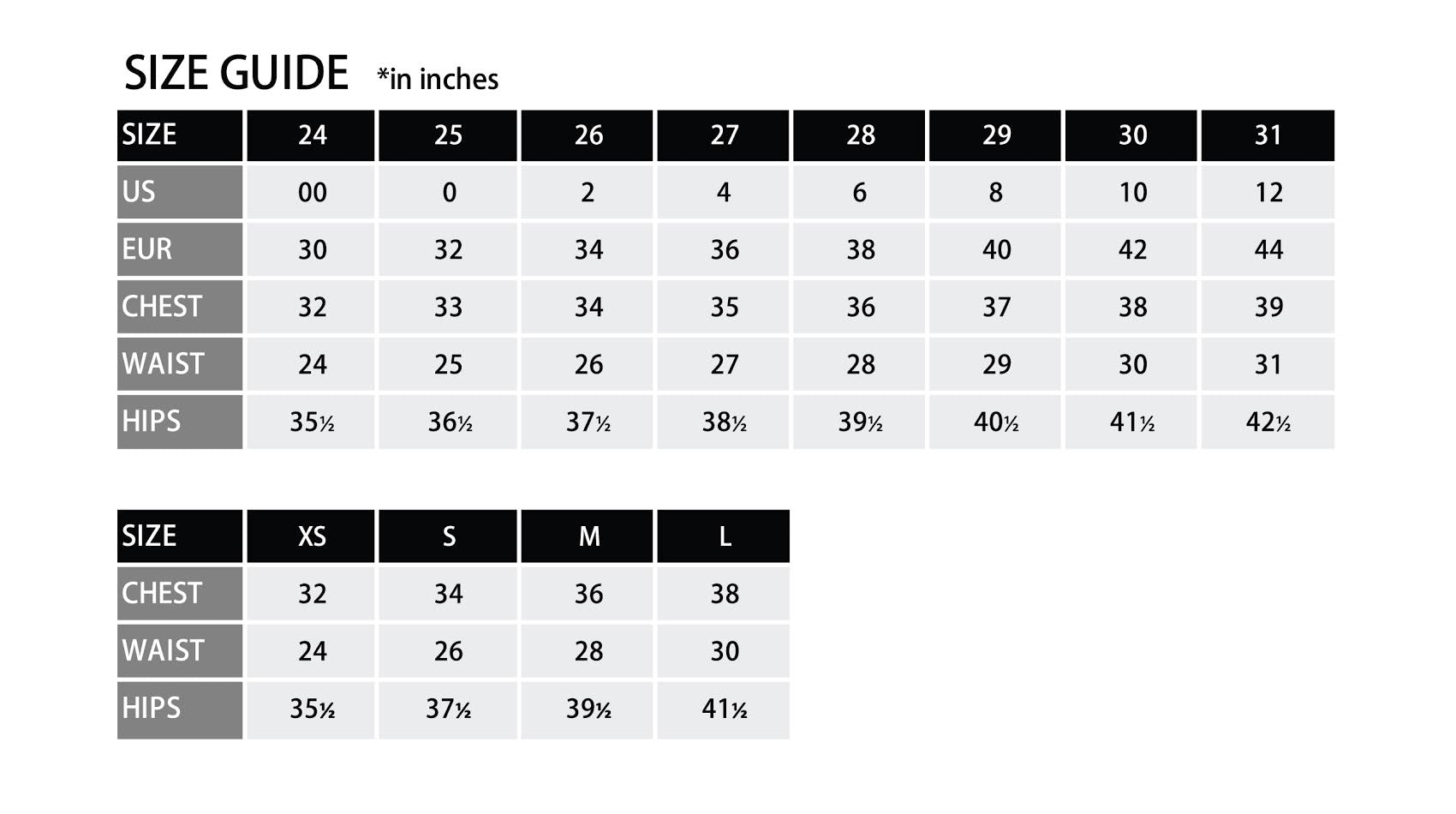 Size guide chart for clothing measurements in inches, US, EUR, chest, waist, and hips.