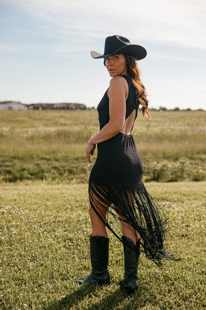 Western Backless Fringe Maxi Dress - Black