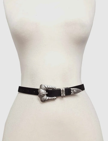 Genuine leather belt with stitched edges, featuring a matte silver-tone engraved heart buckle set including buckle, keeper, and tip.  engraved details throughout.