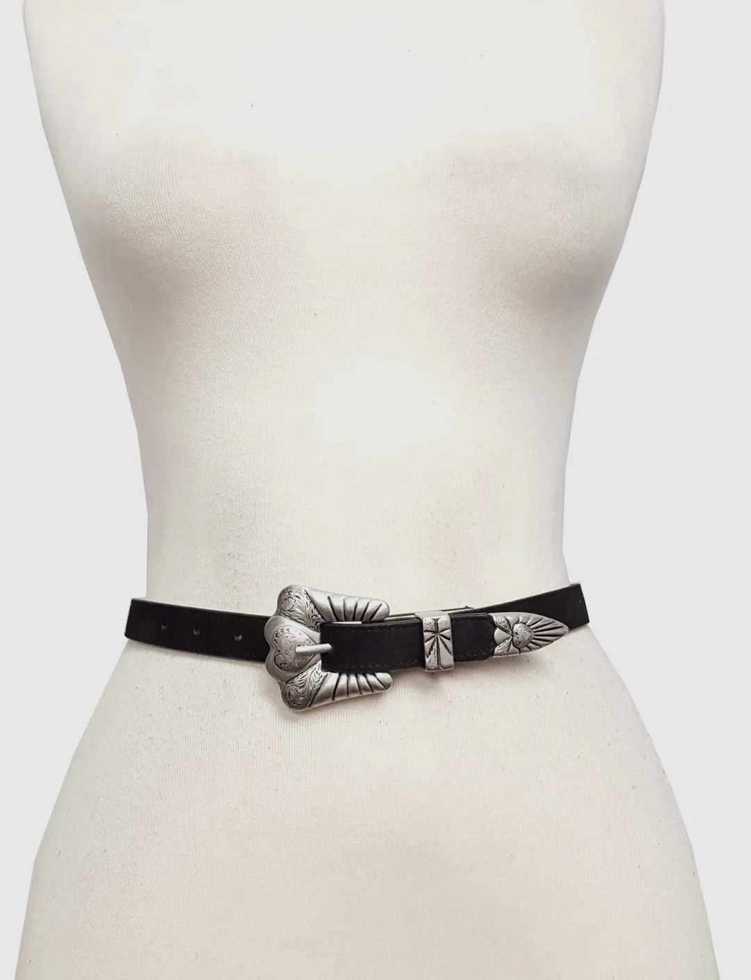 Genuine leather belt with stitched edges, featuring a matte silver-tone engraved heart buckle set including buckle, keeper, and tip.  engraved details throughout.