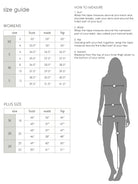 Women's and plus size clothing size chart with bust, waist, and hip measurements guide.