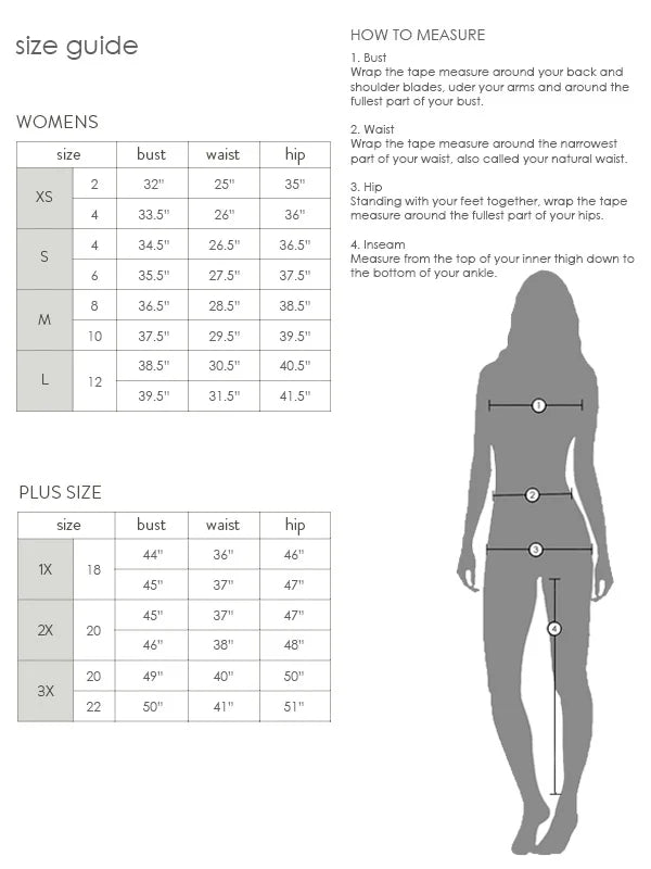 Women's and plus size clothing size chart with bust, waist, and hip measurements guide.