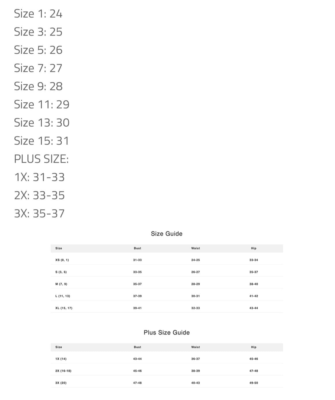 Women's western clothing size chart and plus size guide with bust, waist, and hip measurements.