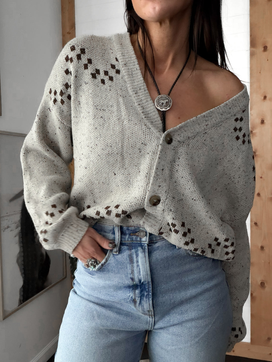 Horse Motive Button Up Sweater