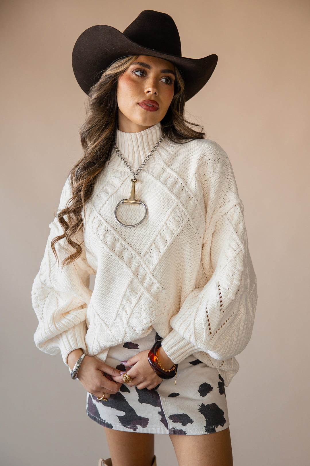 Cable Knit Oversized Funnel-Neck Sweater