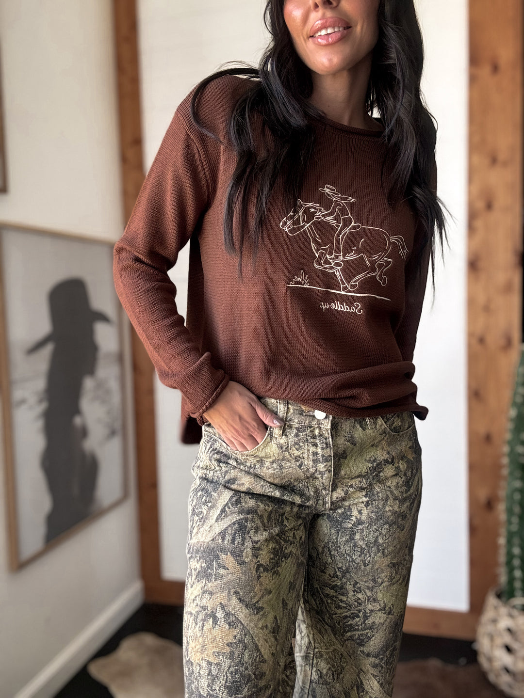 brown western embroidered sweater