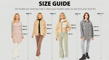 Size guide for women's coats with models wearing different styles and heights.