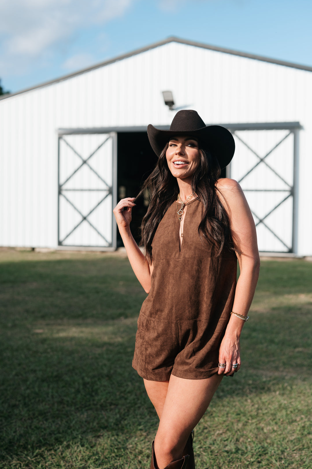 Brown Suede High Neck Keyhole Romper