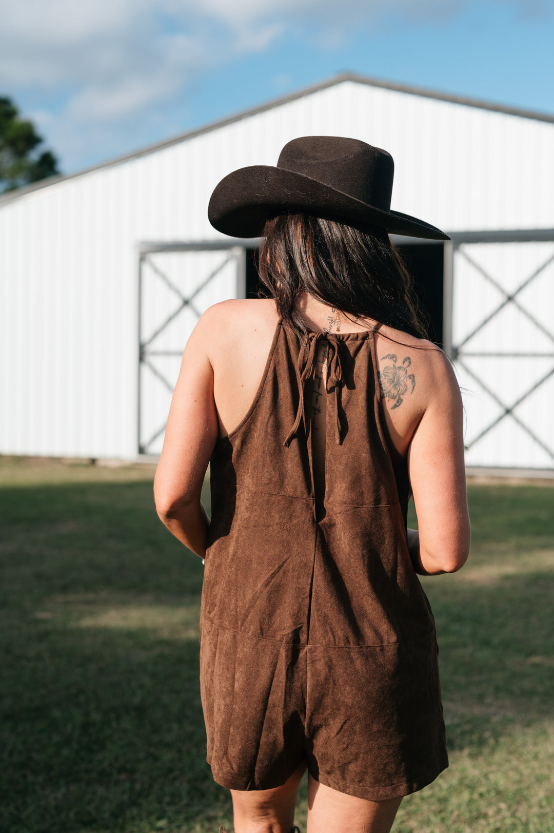 Brown Suede High Neck Keyhole Romper