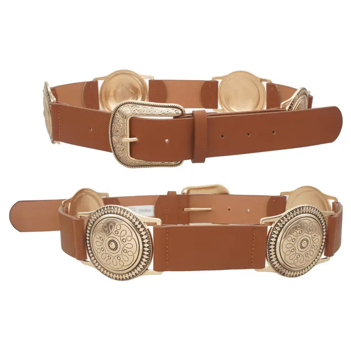 Cognac brown motif medallion belt with gold hardware – Western women’s statement belt