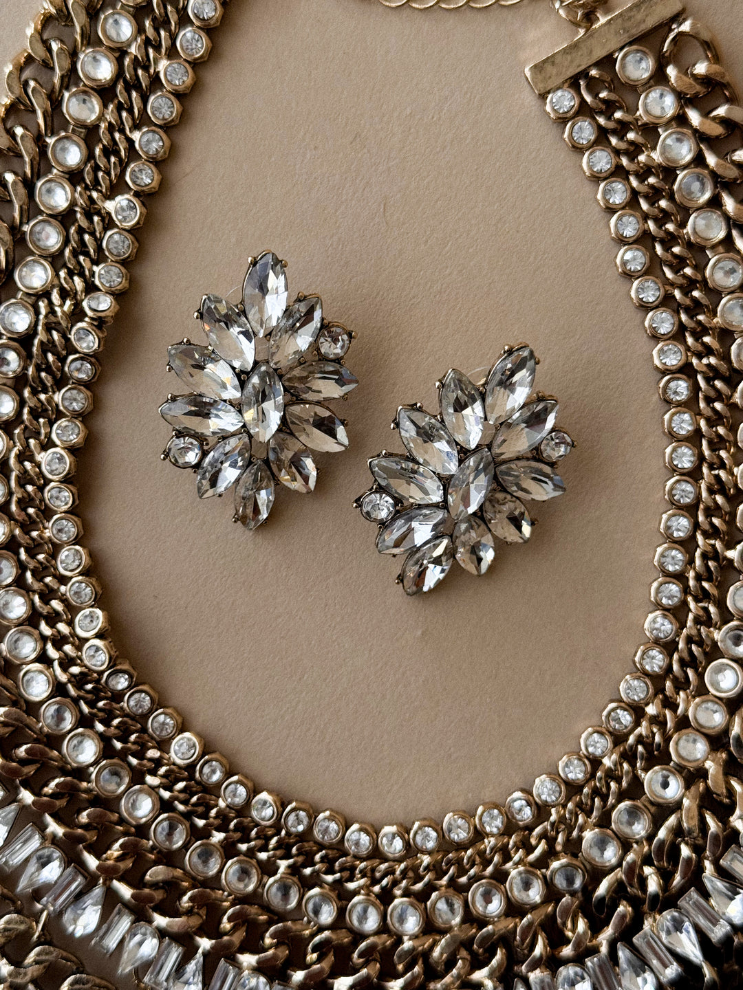 antique gold necklace with crystal statement earring studs