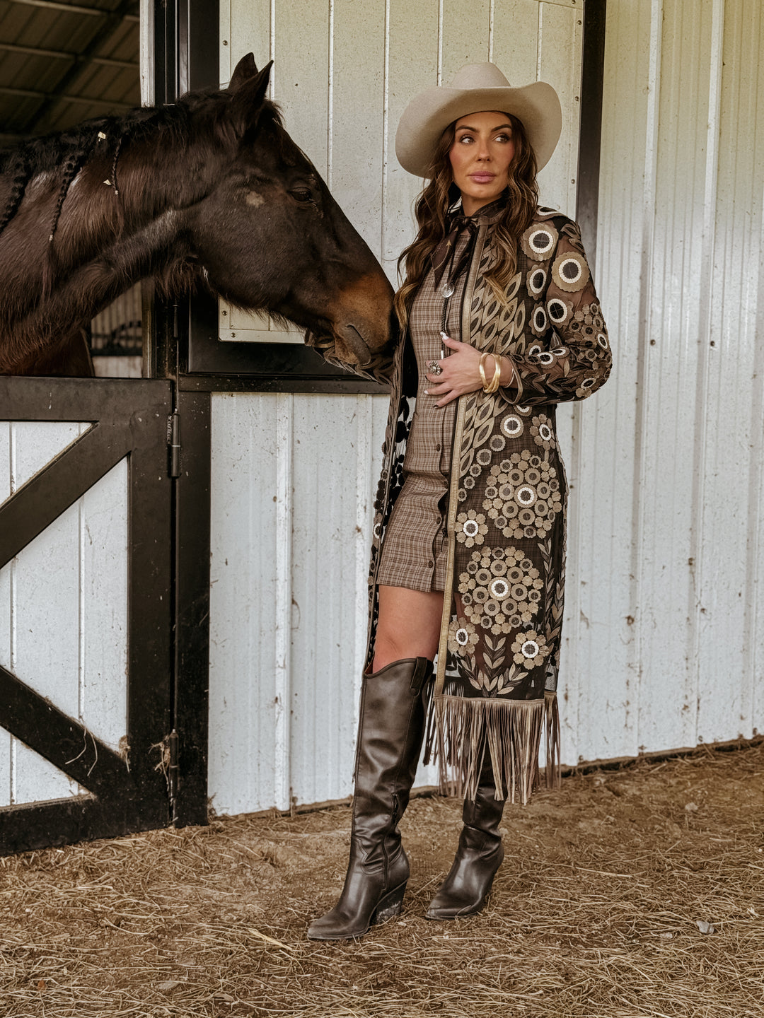 long cardigan duster in black and gold leather