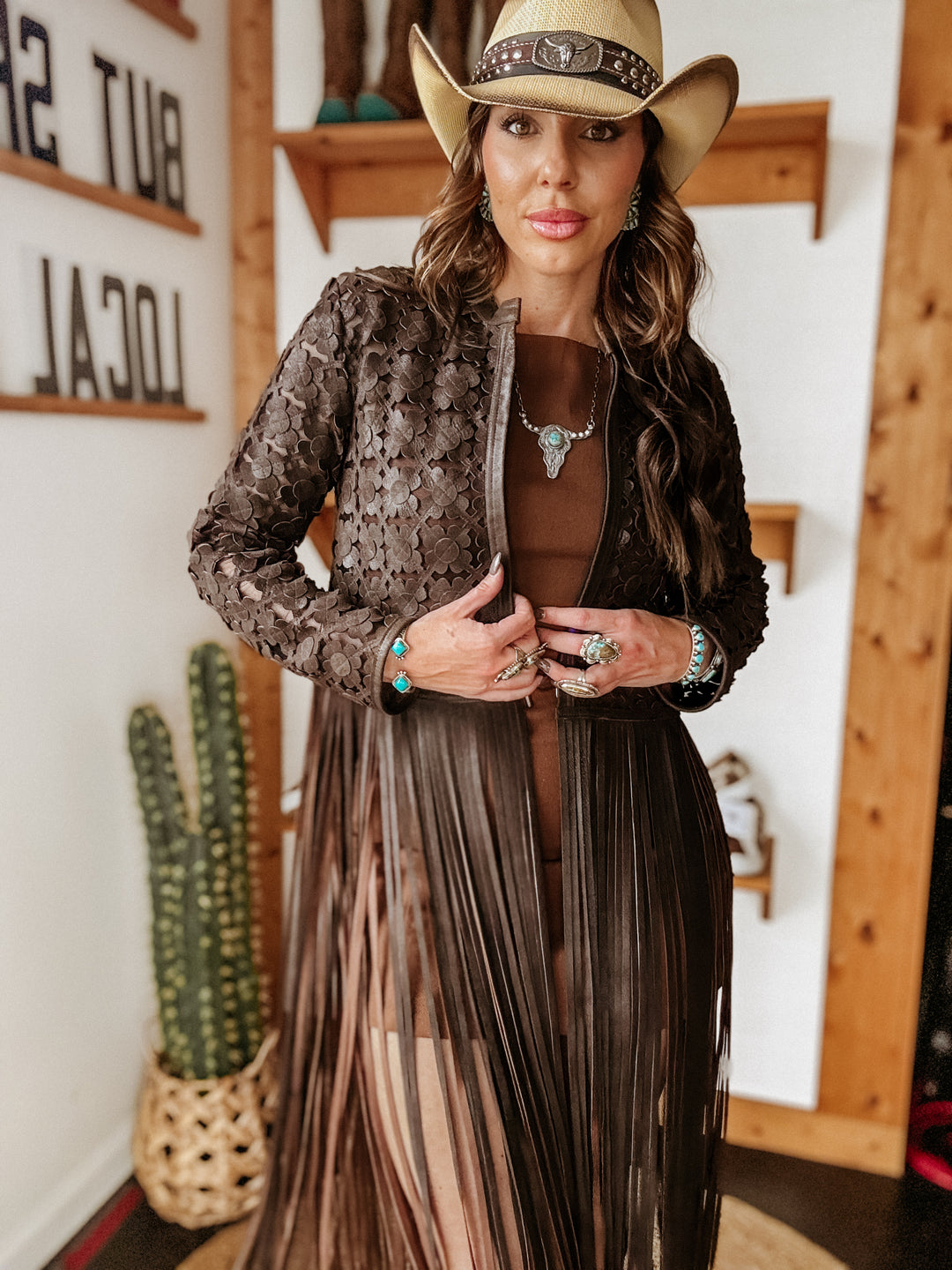 Open-front suede duster with daisy cut-out detail – western outfit idea – The Wild J