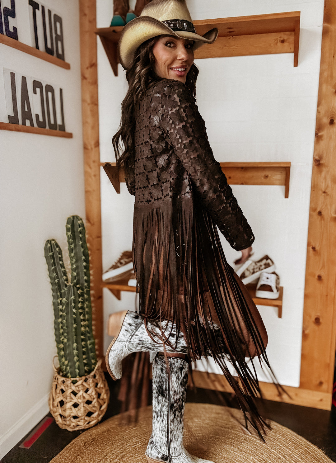 Brown suede fringe duster with floral cut-outs – long western layer for women – The Wild J